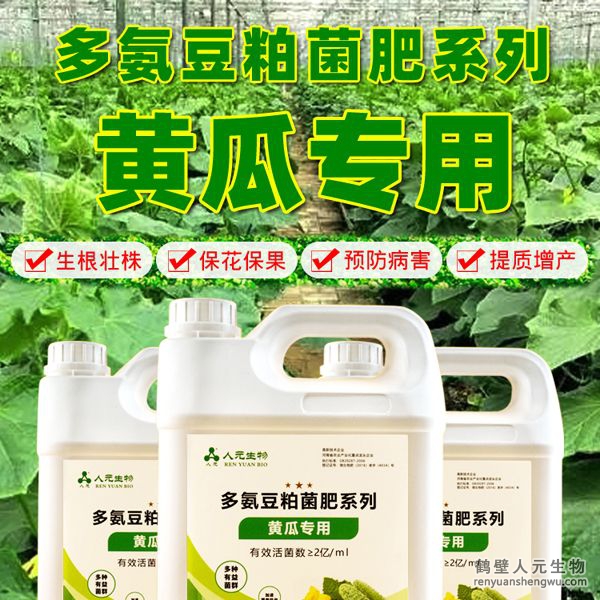 多氮豆粕菌肥系列黃瓜專用肥由河南省微生物菌劑工程技術(shù)研究中心研制，鶴壁市人元生物技術(shù)發(fā)展有限公司生產(chǎn)，本品是以固態(tài)發(fā)酵豆粕為主要原料，豆粕經(jīng)過有益微生物菌種發(fā)酵分解，充分釋放游離氨基酸，同時輔以枯草、地衣、膠凍樣芽孢桿菌等有益菌群。