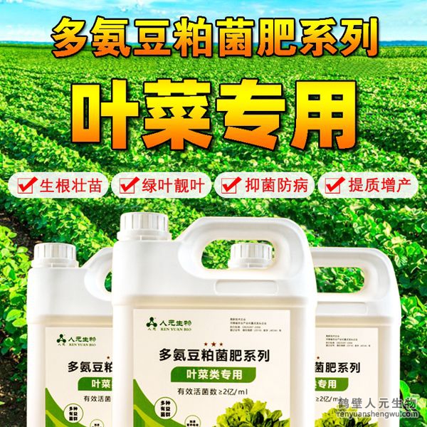 多氨豆粕菌肥系列葉菜類專用肥由河南省微生物菌劑工程技術(shù)研究中心研制，鶴壁市人元生物技術(shù)發(fā)展有限公司生產(chǎn)，本品是以固態(tài)發(fā)酵豆粕為主要原料，豆粕經(jīng)過有益微生物菌種發(fā)酵分解，充分釋放游離氫基酸，同時輔以枯草、地衣、膠凍樣芽孢桿菌等有益菌群。